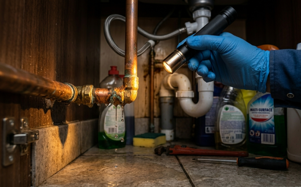 Plumber inspecting a dripping pipe under a kitchen sink