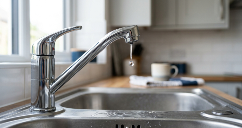Close-up of a dripping tap with a water droplet falling into a kitchen sink
