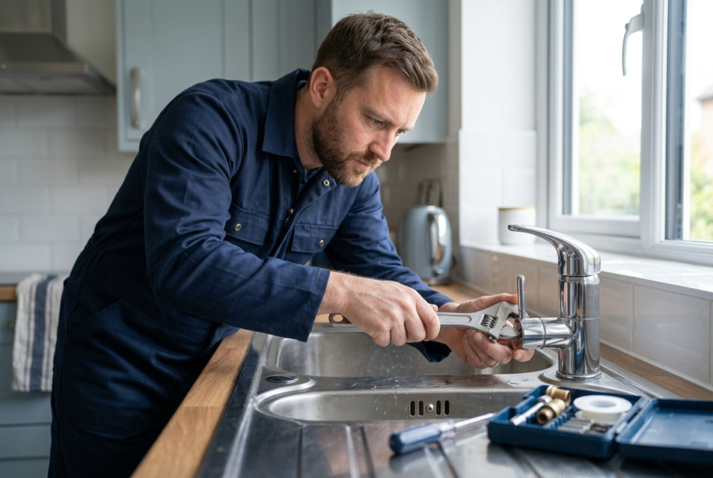 Professional plumber repairing a dripping tap in a London home