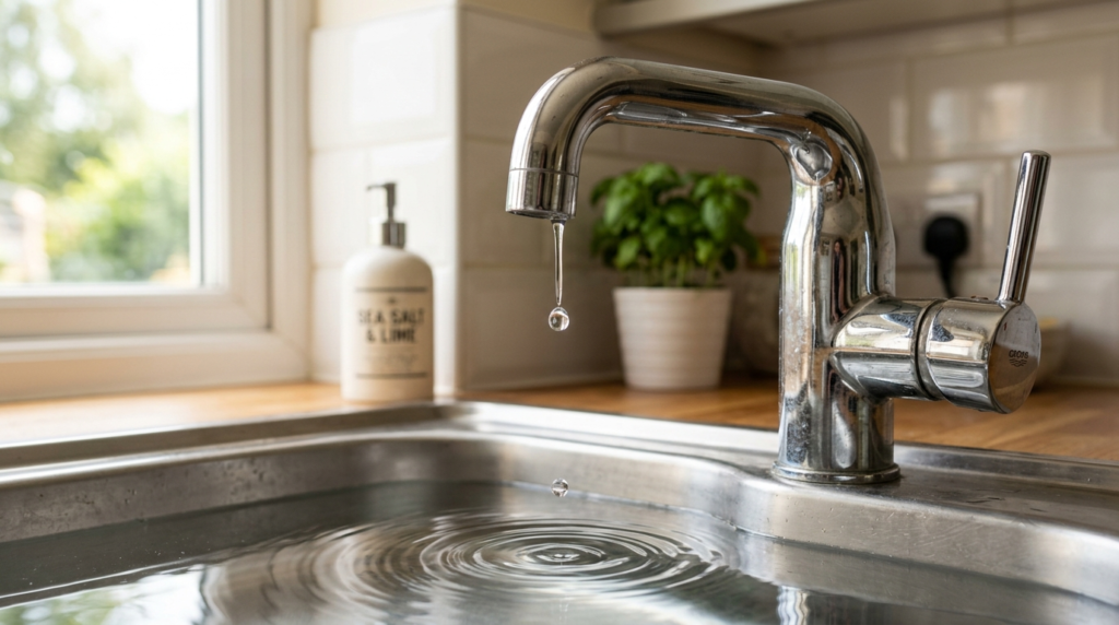 Close-up of a chrome kitchen tap dripping water into a stainless steel sink