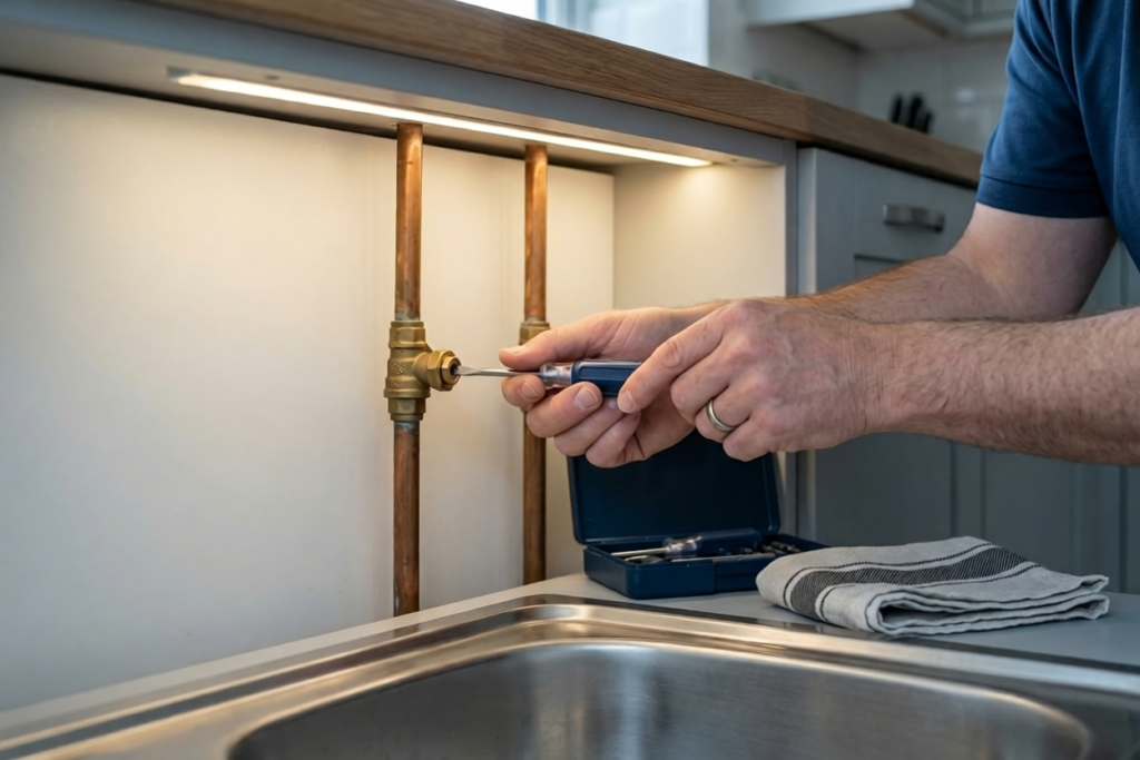 Turning off the isolation valve under a sink before repairing a dripping tap