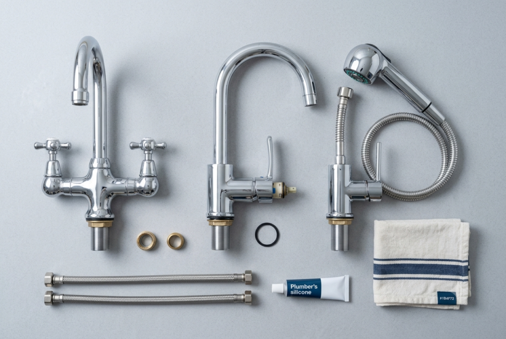 Three common tap types: compression, ceramic disc, and mixer taps