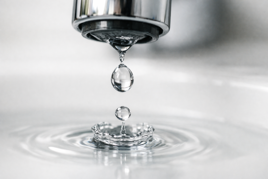 Close-up of water dripping from a leaking tap into a sink