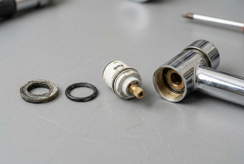 Dripping Tap Repair: Why It Happens and How to Fix It Worn rubber tap washer, O-ring and ceramic cartridge laid out beside a disassembled tap