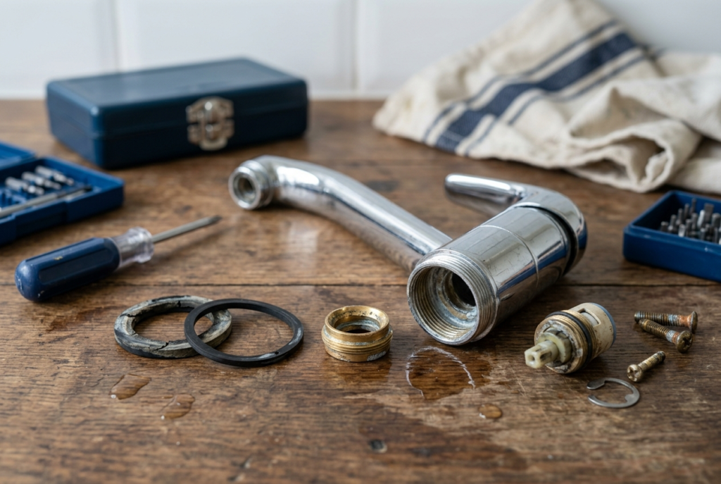 Disassembled tap showing a worn washer and O-ring causing a dripping tap