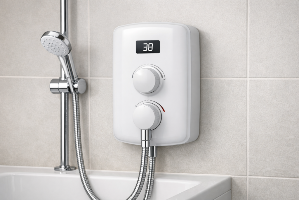 White electric shower unit mounted on bathroom wall with digital display