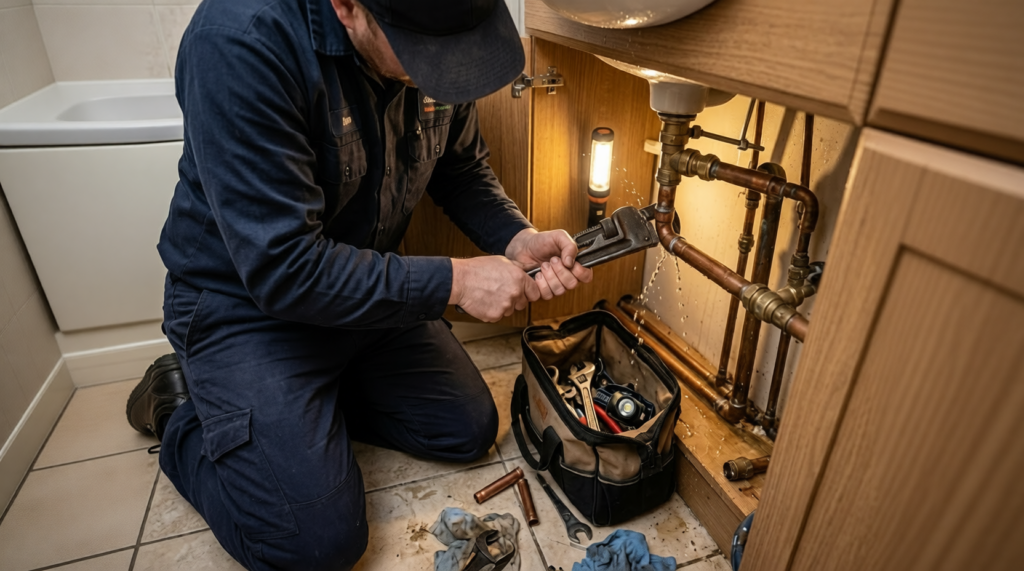 Emergency plumber repairing a burst pipe under a sink