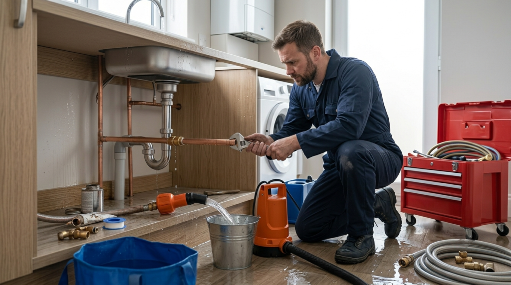 Emergency plumber repairing a burst water pipe inside a home