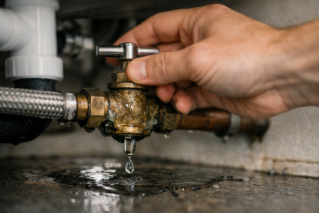 Homeowner turning off the stopcock during an emergency water leak