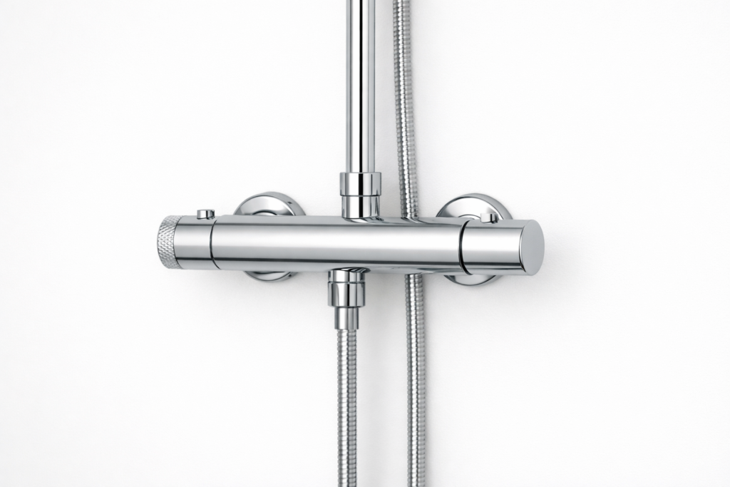 Chrome exposed bar mixer shower valve with visible pipework on bathroom wall