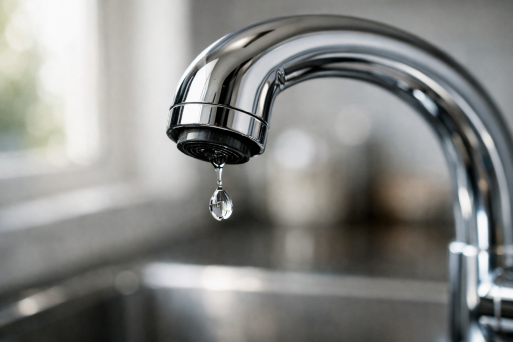 How to Fix a Dripping Tap: A Complete Guide from London's Trusted Plumbers Close-up of a dripping kitchen tap with water droplet falling