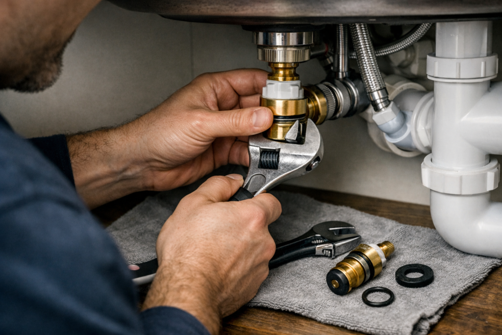 How to Fix a Dripping Tap: A Complete Guide from London's Trusted Plumbers Hands using a spanner to repair a dripping tap under a sink