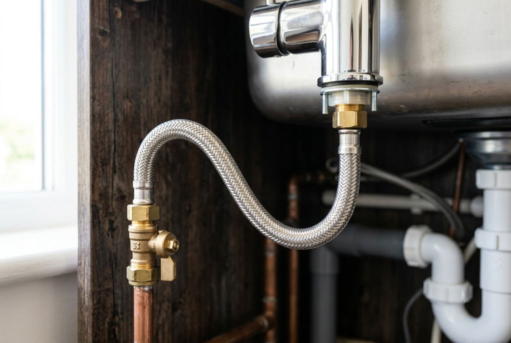 Braided stainless steel flexible tap connector fitted under a kitchen sink
