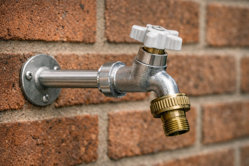 Frost-free outdoor tap installed on an exterior wall