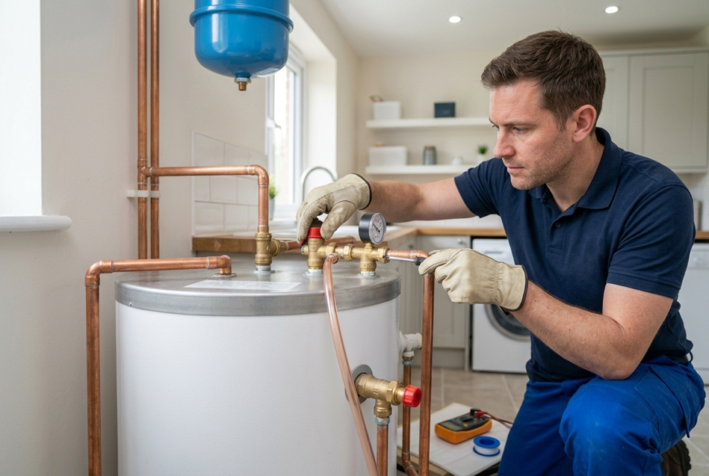 G3 qualified plumber checking safety valves on an unvented cylinder installation