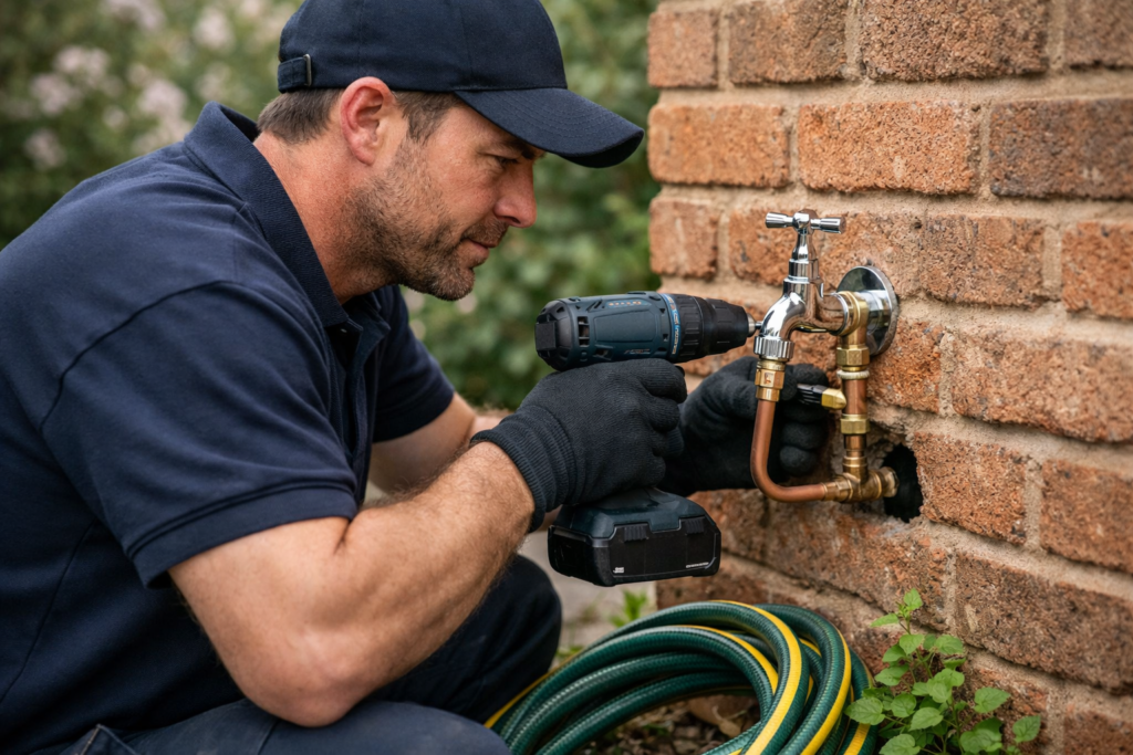 Plumber installing a new outdoor garden tap on an exterior wall