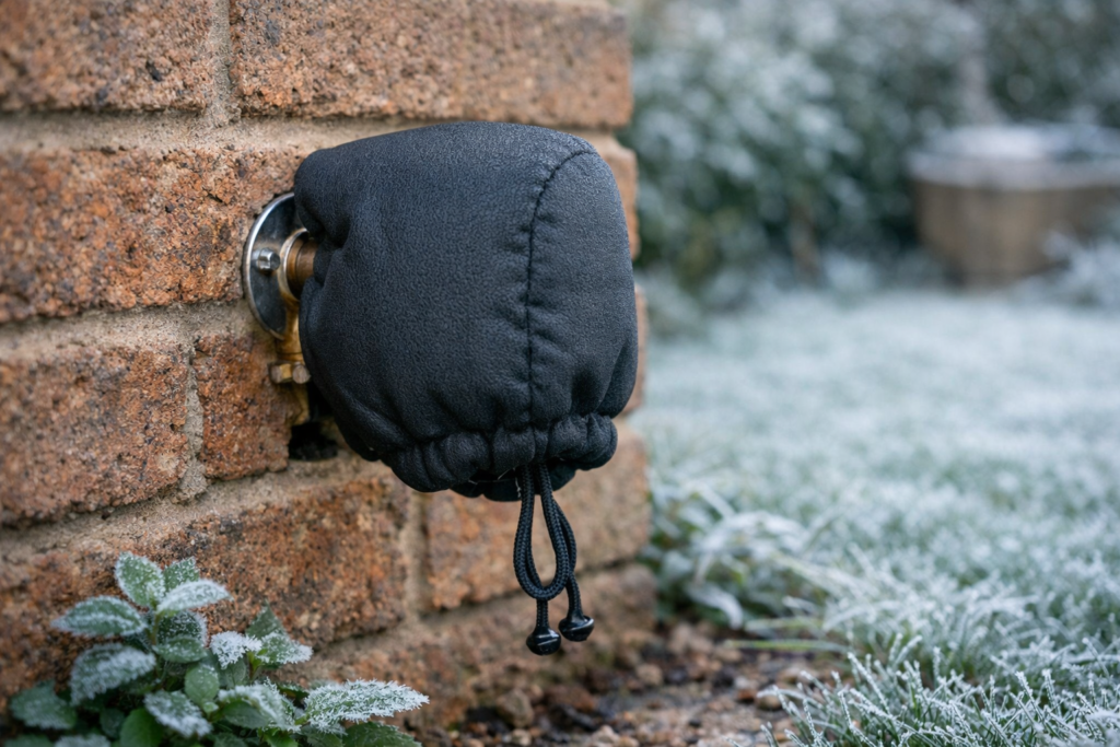 Insulated garden tap cover protecting an outdoor tap in winter