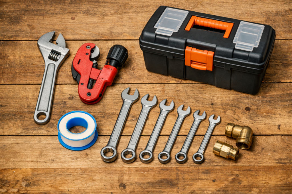 General plumber's tools laid out before a home plumbing job
