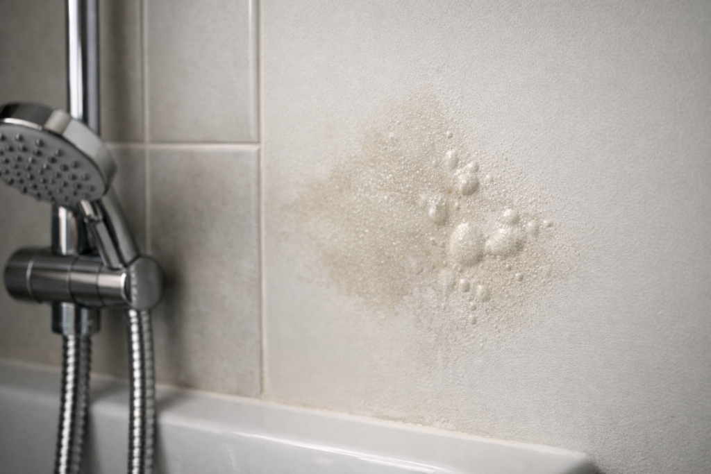 Damp patch and bubbling paint on a bathroom wall caused by a hidden shower leak