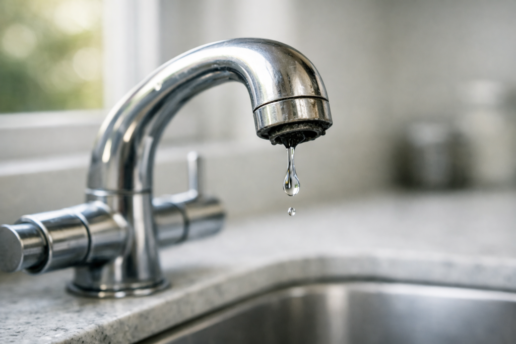 Close-up of a leaking chrome mixer tap dripping water into a modern kitchen sink