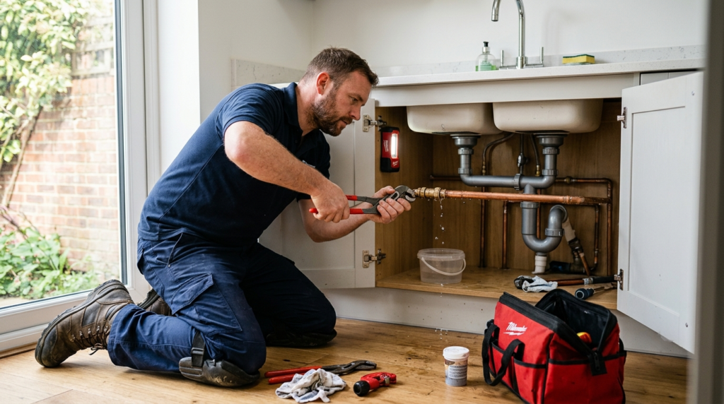 Professional plumber repairing a leaking copper water pipe in a modern UK home