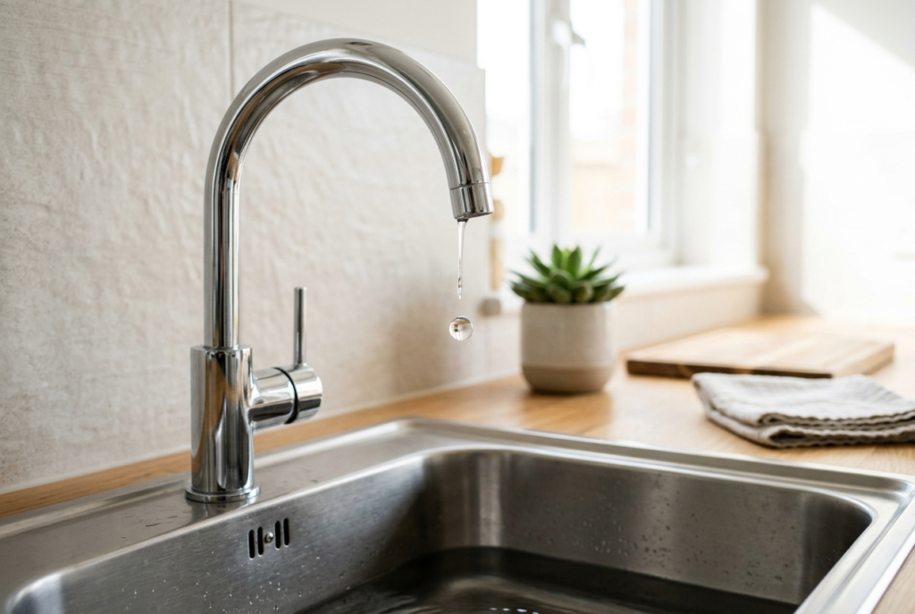 Dripping chrome kitchen tap with water droplet falling into sink