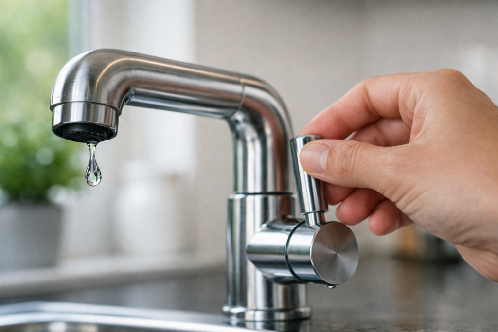 Close-up of a person's hand turning off a dripping chrome kitchen tap to stop a leak