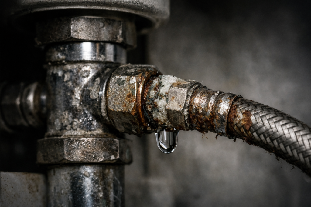 Close-up of a corroded and leaking flexible pipe connector showing signs of wear