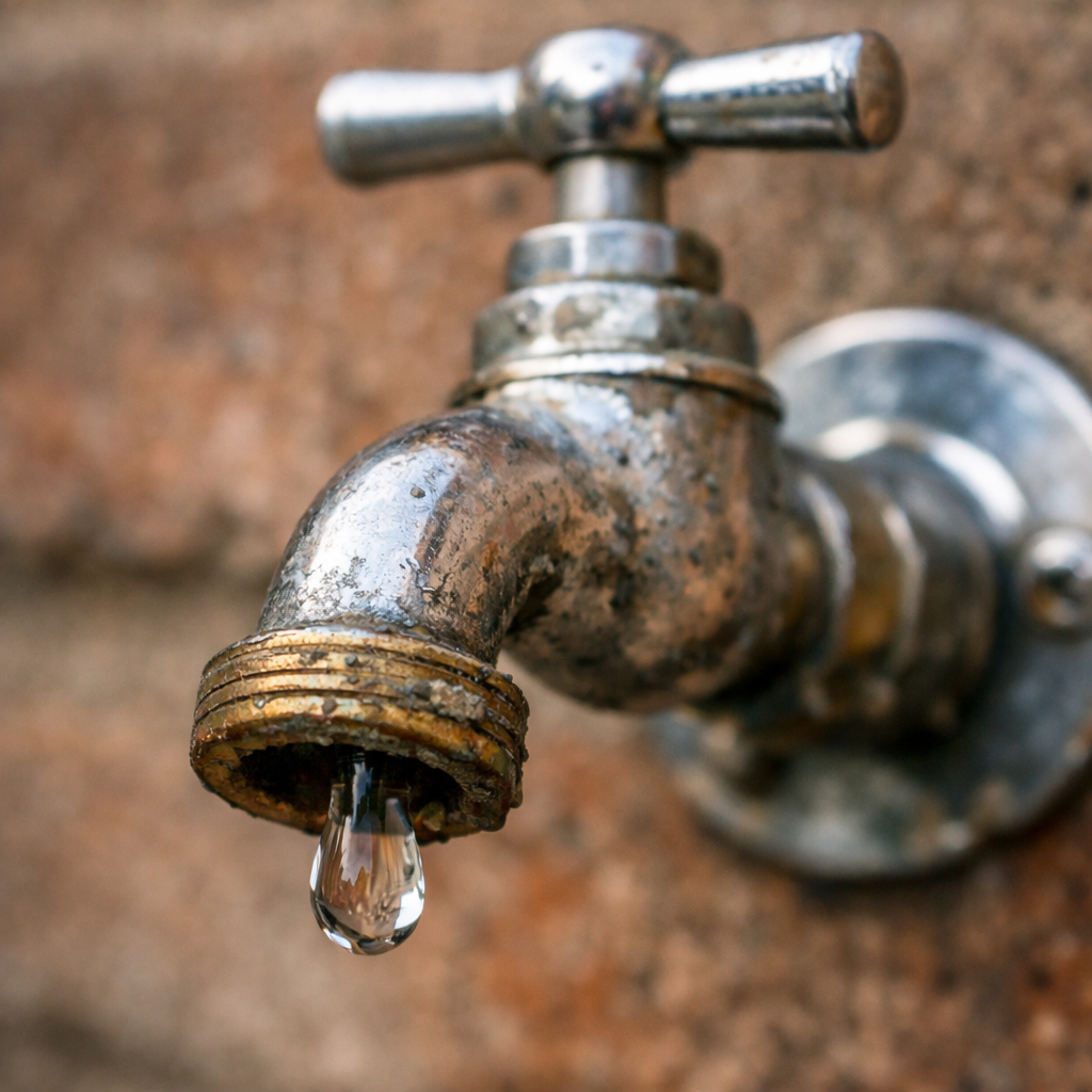 Close-up of a dripping garden tap in need of repair