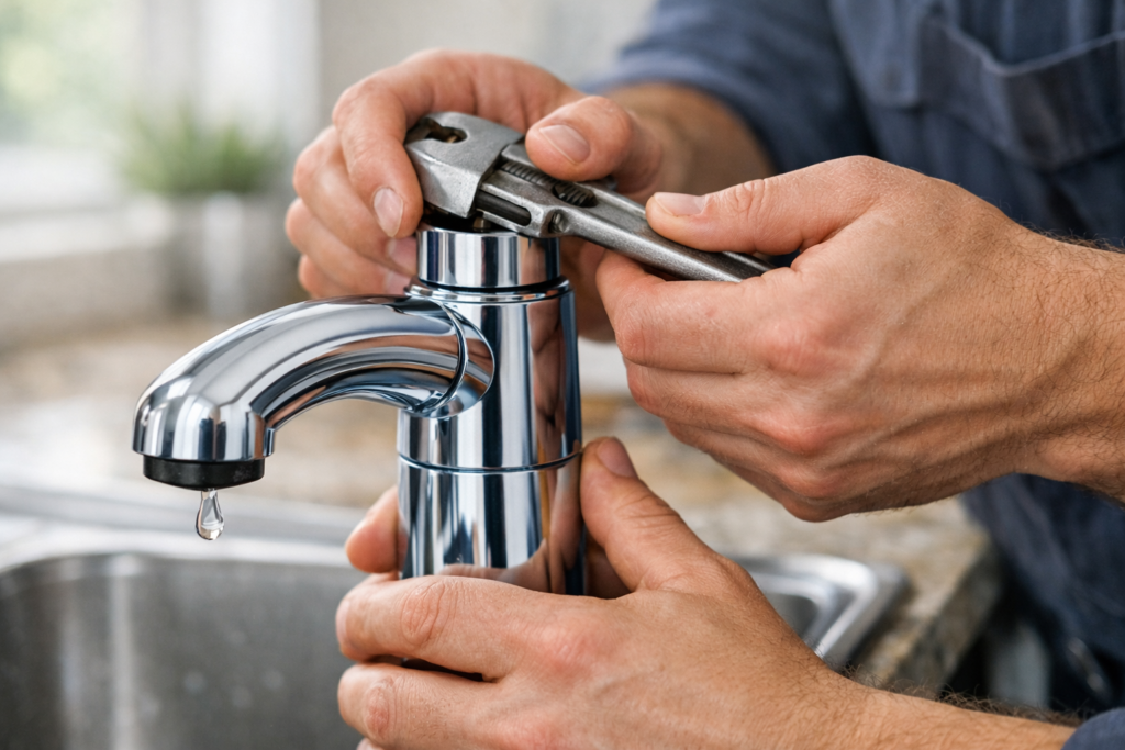 Plumber repairing a leaking kitchen tap in a London home