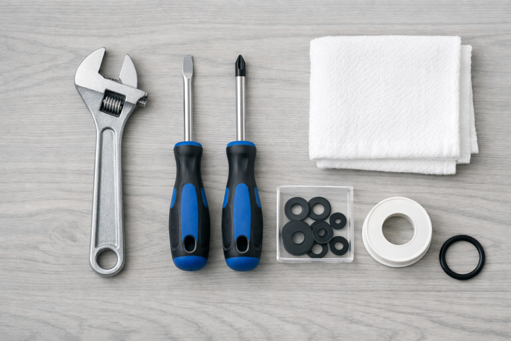 Flat lay of plumbing tools needed to fix a leaking tap including spanner, screwdrivers, washers and PTFE tape