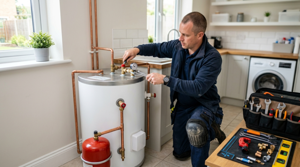 Certified plumber installing a local unvented hot water cylinder in a London home
