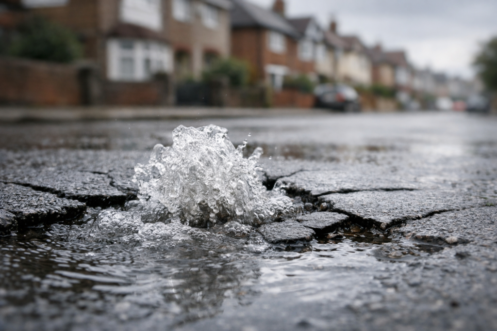 Water bubbling up from a mains water leak beneath a residential street