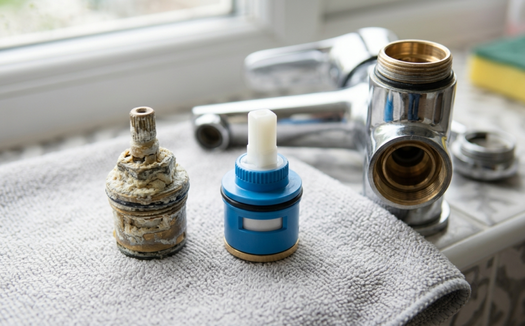Old and new tap cartridges placed side by side next to an open mixer tap during repair