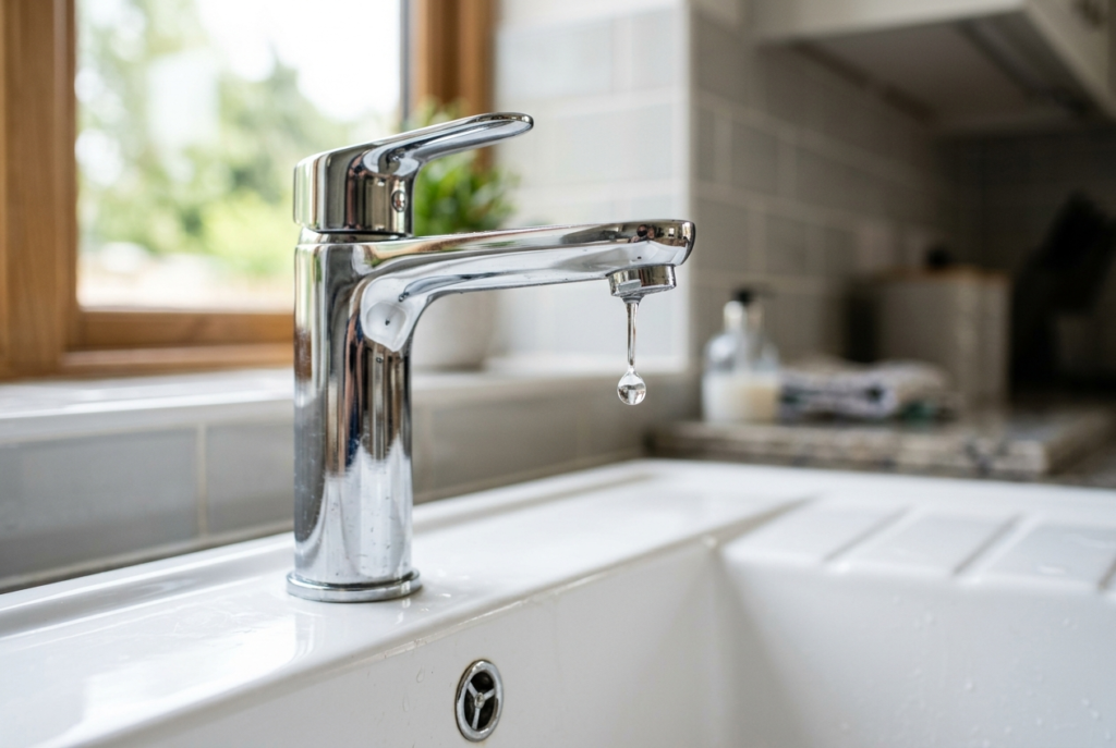 Chrome mixer tap dripping water over a white kitchen sink