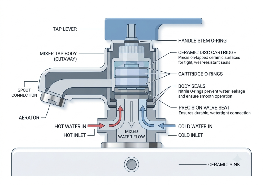 Diagram showing the internal parts of a mixer tap including cartridge and O-ring seals
