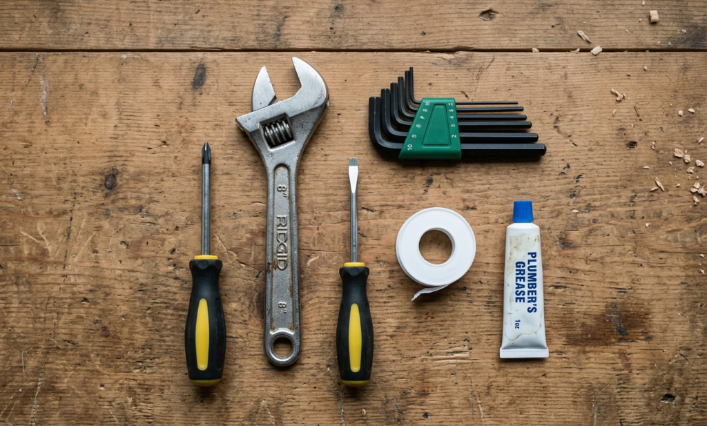 Plumbing tools needed to fix a leaking mixer tap laid out on a workbench, including a spanner, screwdrivers, and PTFE tape
