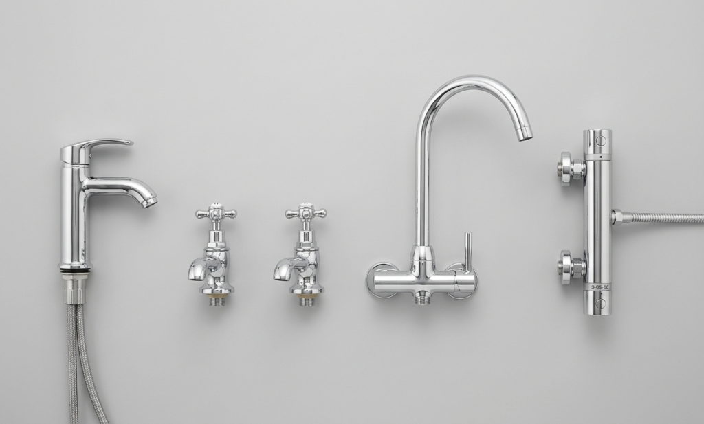 Four common types of mixer taps shown side by side: monobloc, pillar, wall-mounted, and thermostatic