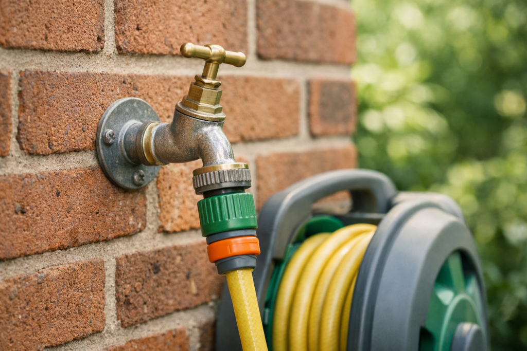 Outdoor garden tap mounted on a brick wall with hose attached