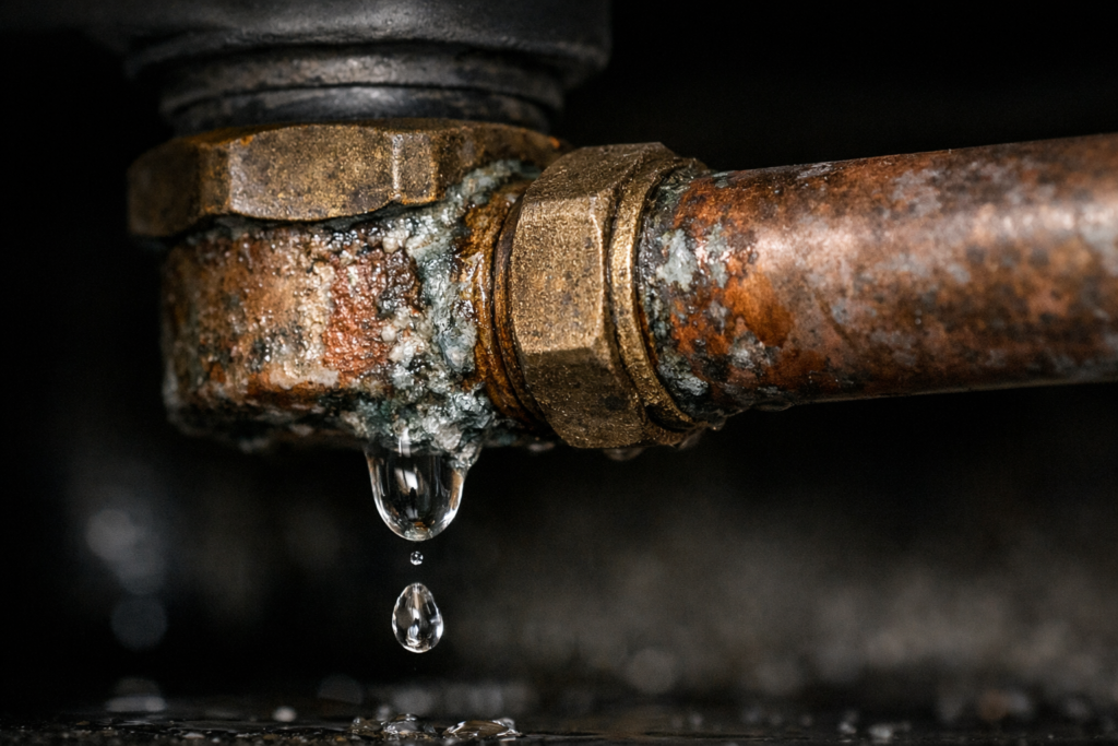 Corroded pipe joint causing water dripping and pipe leakage