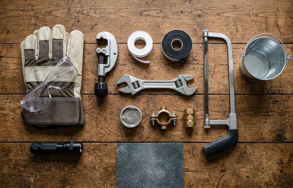 Essential plumbing repair tools neatly arranged on a wooden workbench