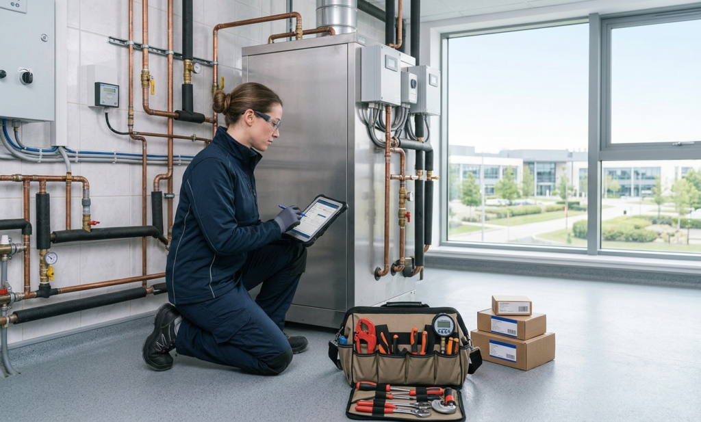Commercial Plumbing and Heating | A Complete Guide for London Businesses Technician performing planned preventive maintenance on commercial plumbing equipment
