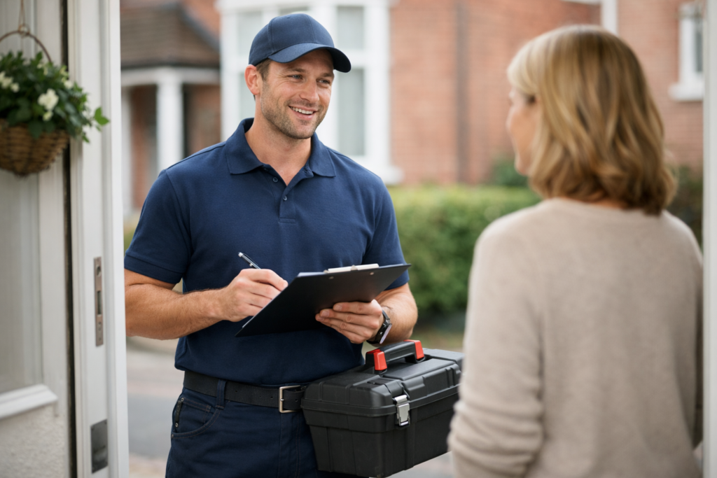Plumber discussing call out fee and quote with a homeowner at their front door