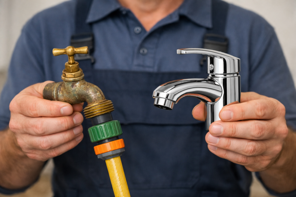 Plumber comparing an old corroded tap with a new replacement tap