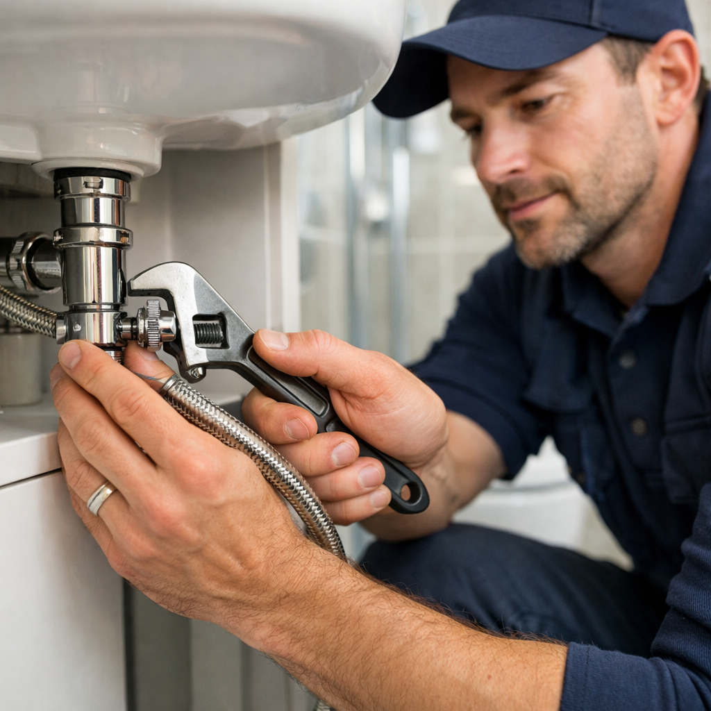 Professional plumber installing a flexible pipe connector under a bathroom sink