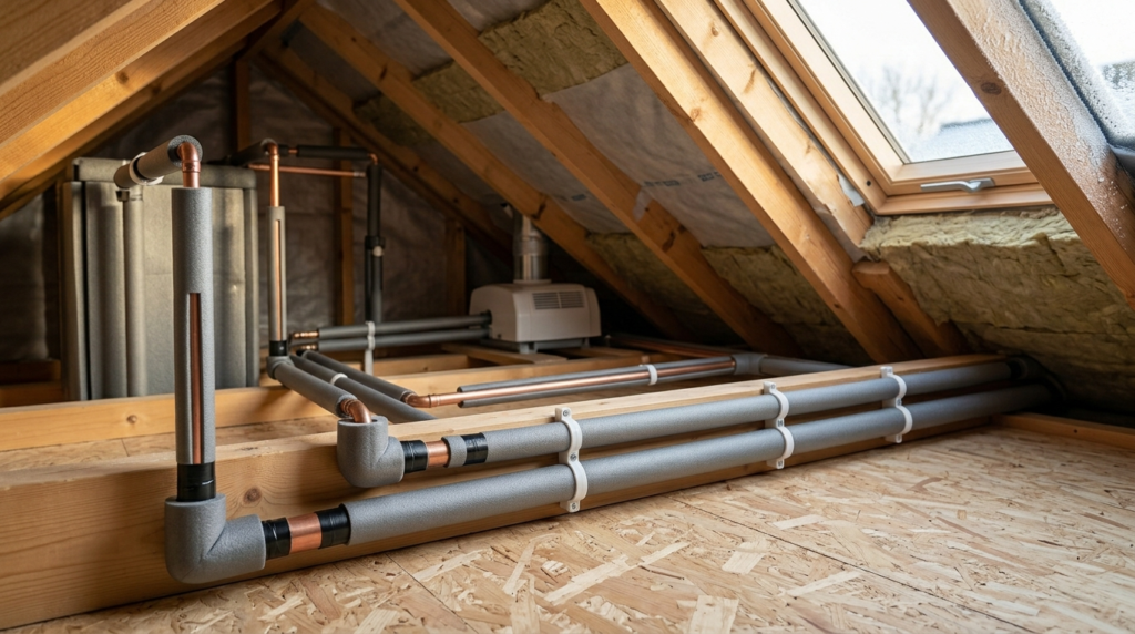 Insulated household plumbing pipes inside a loft to prevent winter damage