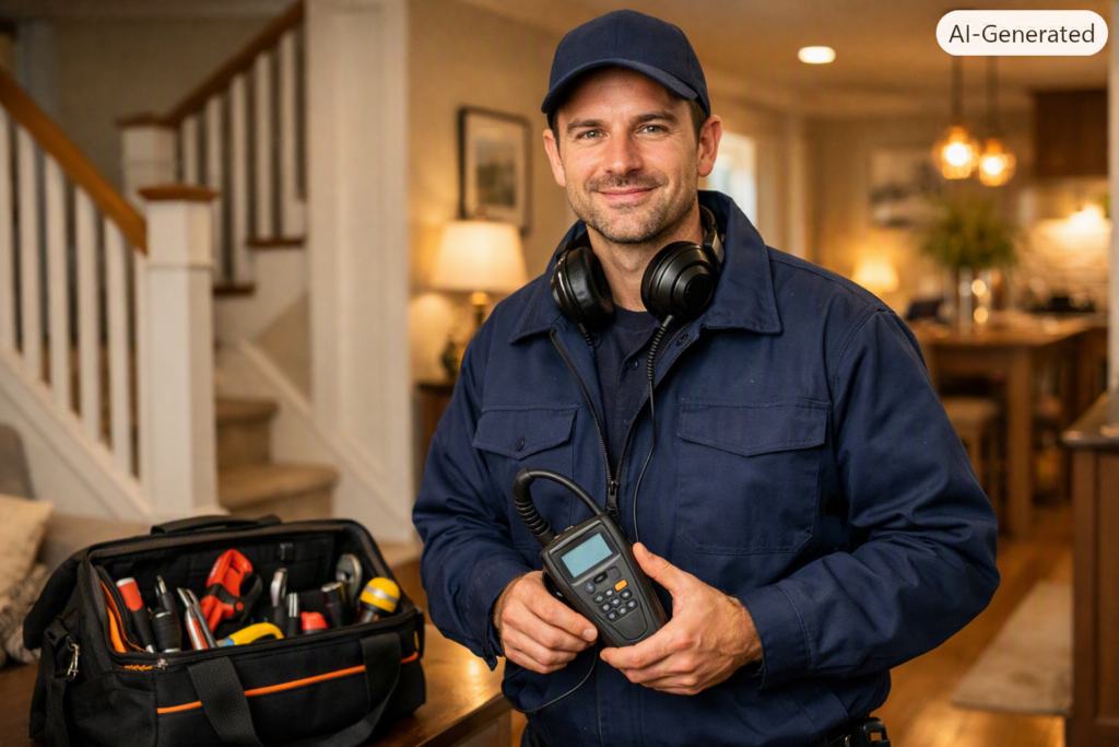 Professional plumbing engineer completing a water leakage repair with modern tools
