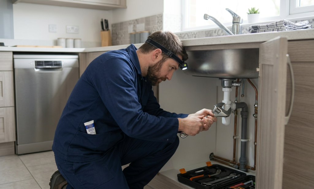 Professional plumber repairing a mixer tap under a kitchen sink using hand tools