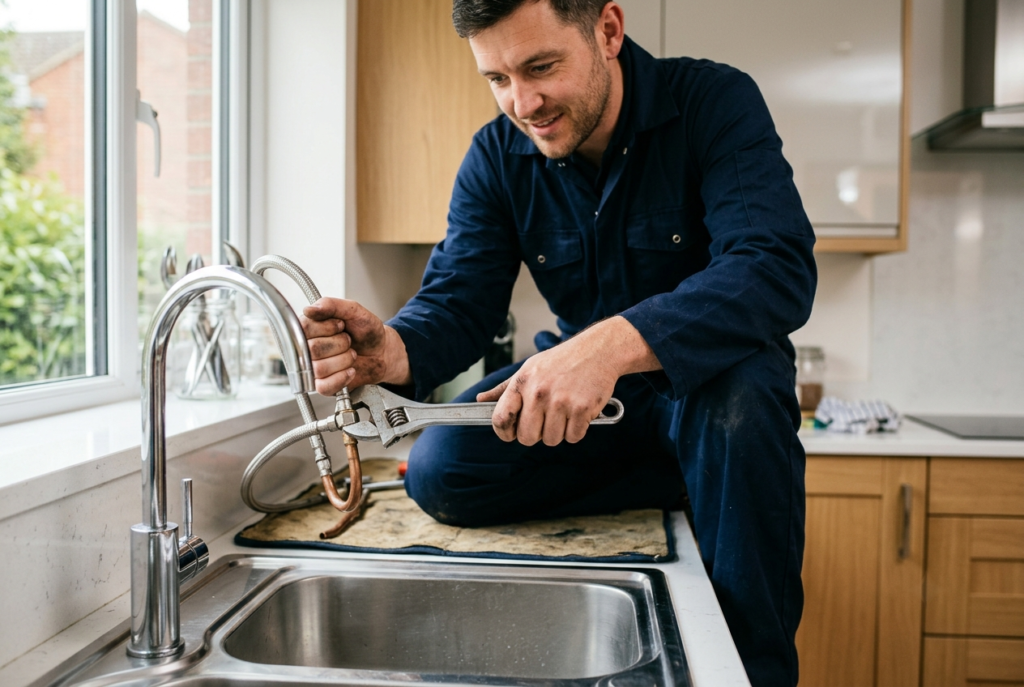 Dripping Tap Repair: Why It Happens and How to Fix It Professional plumber in uniform repairing a kitchen tap with a wrench