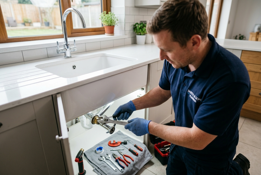 Professional plumber repairing a mixer tap under a kitchen sink